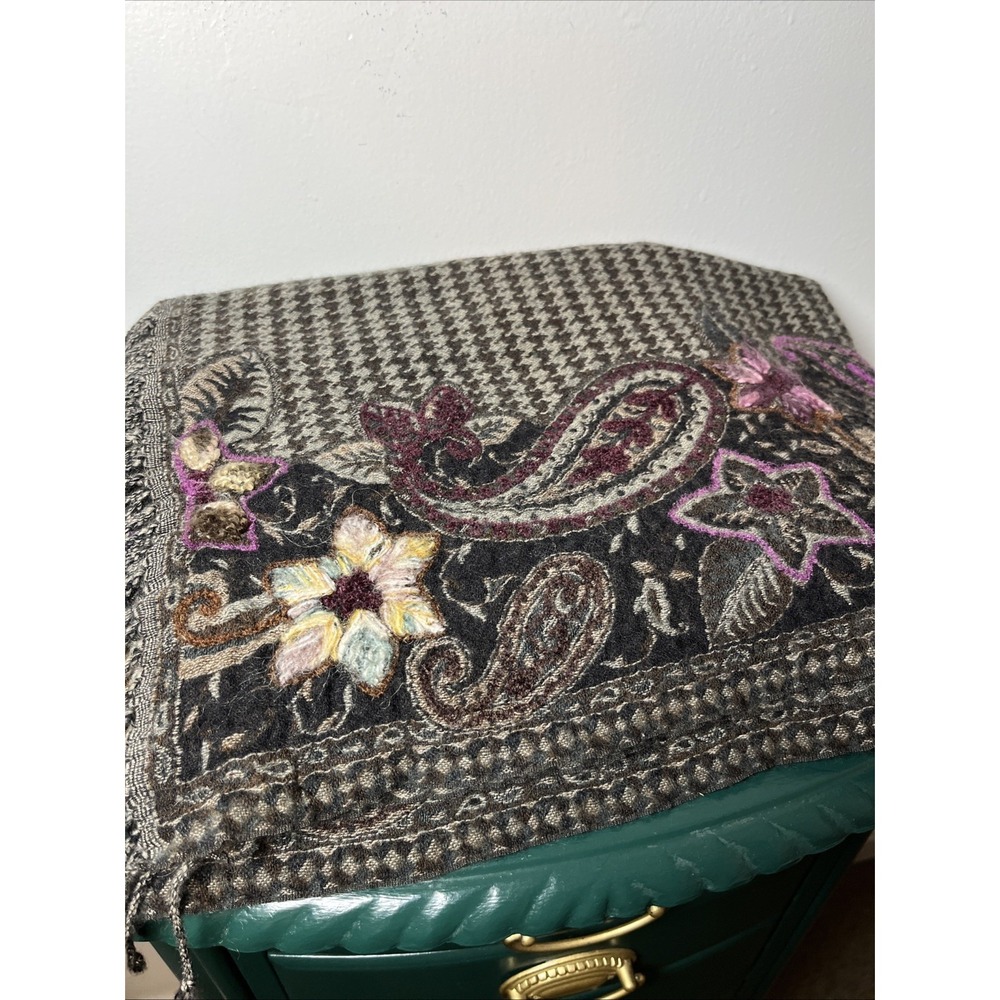 Wool Floral‎ & Paisley Embroidered Women's Scarf Dark Moody Academia 68" x 25"